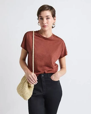 Short-Sleeve Crew-Neck Top with Crochet Details