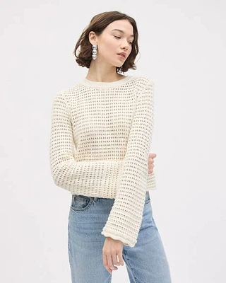 Long-Bell-Sleeve Crew-Neck Sweater with Pointelle Stitches