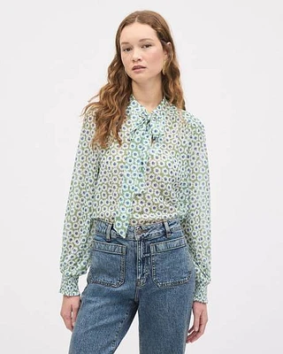 Blouse à Manches Longues à Col Montant avec Ruban à l'Encolure
