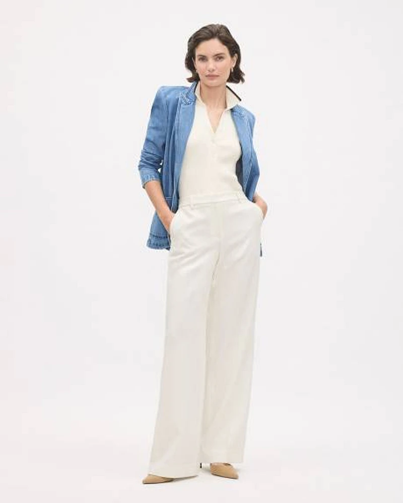 Pantalon Crème à Jambe Large et Taille Haute