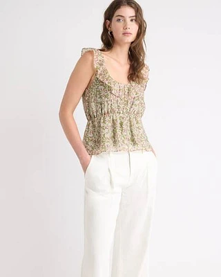 Sleeveless U-Neck Empire-Cut Blouse with Ruffles