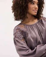 Long-Sleeve Sateen Blouse with Floral Embroideries