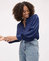 Long-Puffy-Sleeve Buttoned-Down Satin Blouse