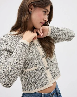 Tweed Long-Sleeve Crew-Neck Cropped Cardigan