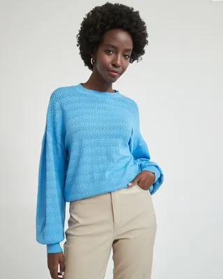 Pointelle Puffy Sleeve Crew-Neck Pullover Sweater