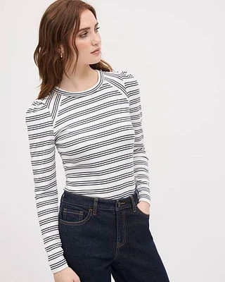 Striped Long-Sleeve Crew-Neck Ribbed Top