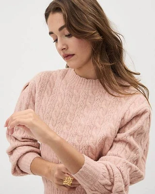 Long-Sleeve Scalloped-Crew-Neck Spongy Pullover