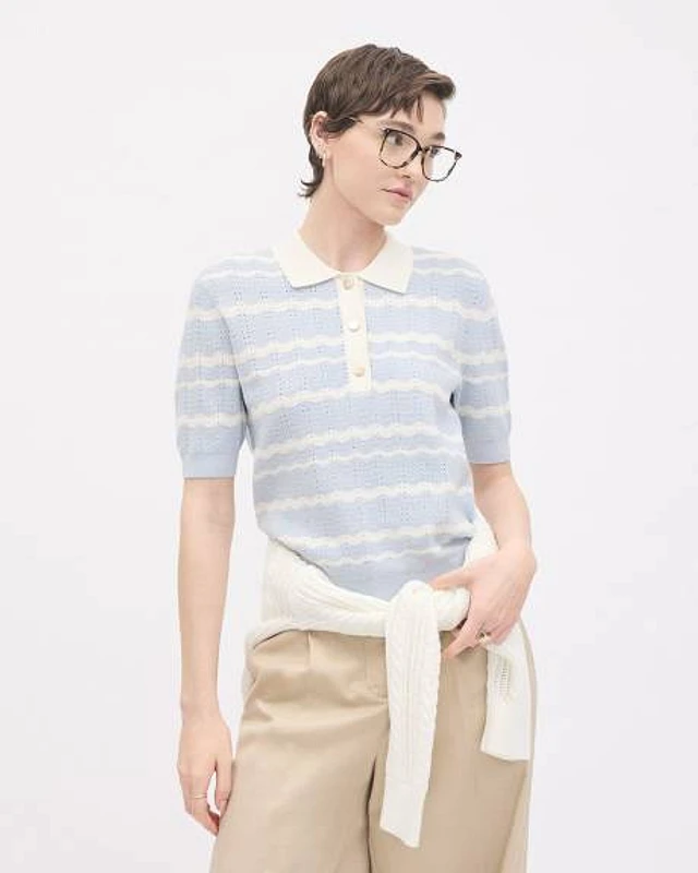 Striped Polo Sweater with Elbow Sleeves