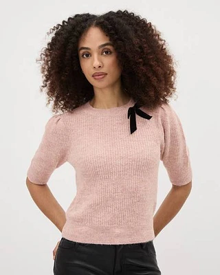 Elbow-Sleeve Crew-Neck Pullover with Bow