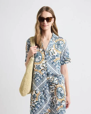 Short-Sleeve Buttoned-Down Satin Blouse