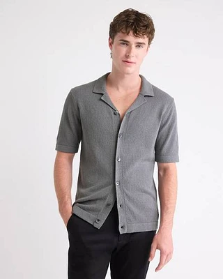 Short-Sleeve Buttoned-Down Sweater with Camp Collar
