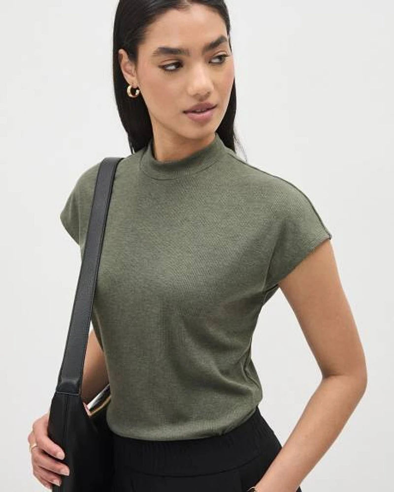 Extended-Sleeve Mock-Neck Ribbed Top