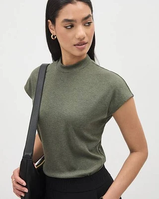 Extended-Sleeve Mock-Neck Ribbed Top