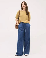 Wide-Leg Denim Pants with Elastic Waistband