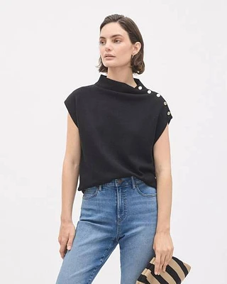 Sleeveless Mock-Neck Sweater with Buttons at Shoulder