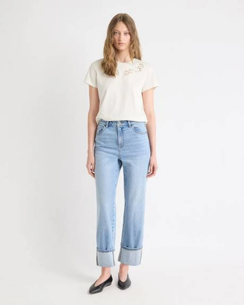 Jeans à Délavé Moyen Taille Très Haute et Jambe Droite avec Ourlets Roulés