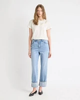 Jeans à Délavé Moyen Taille Très Haute et Jambe Droite avec Ourlets Roulés