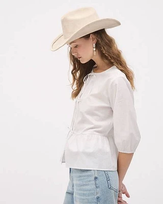 Elbow-Sleeve Crew-Neck Blouse with Self-Ties