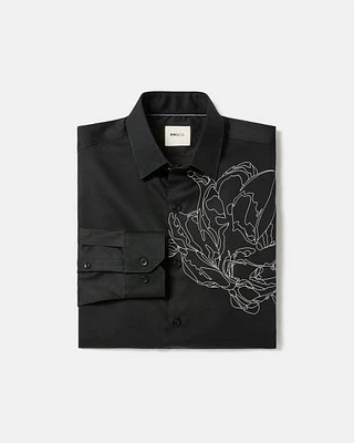 Black Slim-Fit Dress Shirt with White Floral Pattern