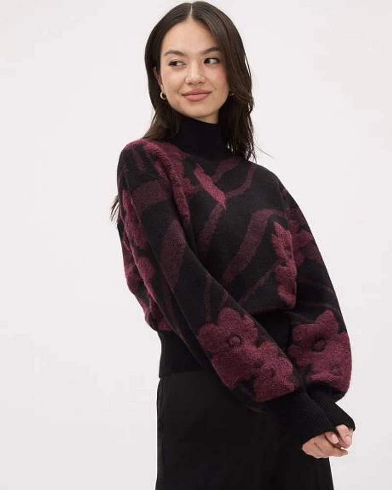 Long-Puffy-Sleeve Funnel-Neck Sweater with Floral Pattern