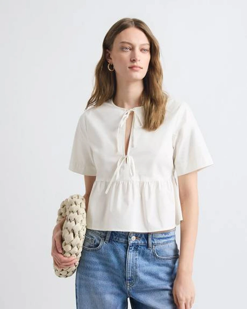 Blouse Péplum à Manches aux Coudes avec Rubans Nouer