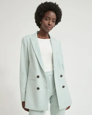 Two Tone Light Blue Double-Breasted Long Blazer