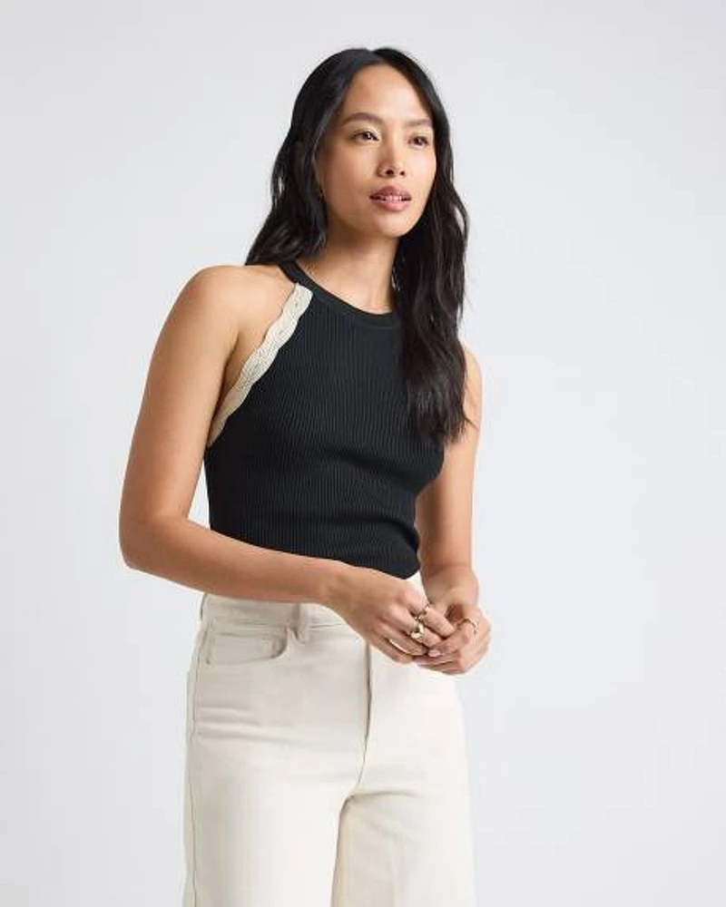 Halter-Neck Ribbed Tank with Crocheted Stitches