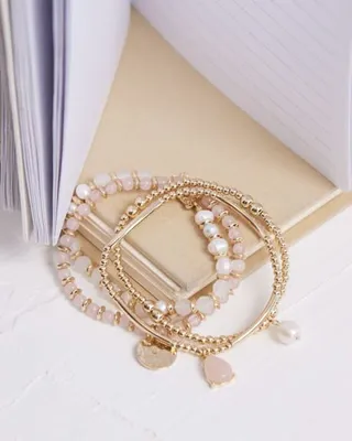RW&CO. - Elastic Bracelets with Pink Quartz and Pearls - Set of 4 - Light Pink - 1SIZE