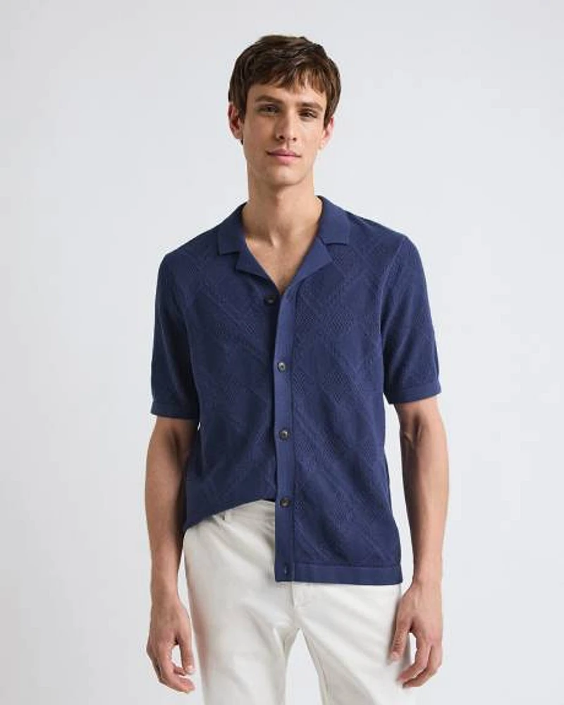 Pull à Motif Losanges Boutonner Manches Courtes et Col Camp