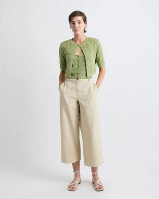 Pantalon en Coton et Lin à Taille Haute Jambe Large