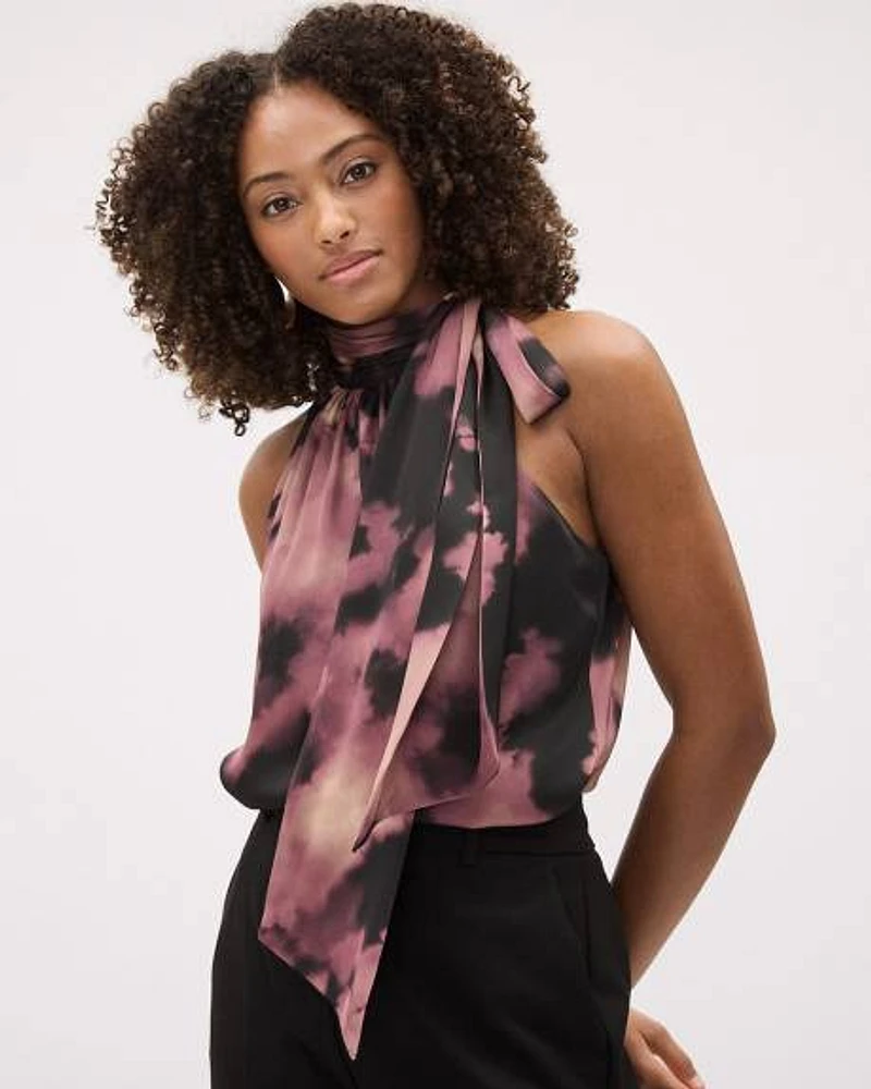 Sleeveless Halter-Neck Satin Blouse with Self-Tie