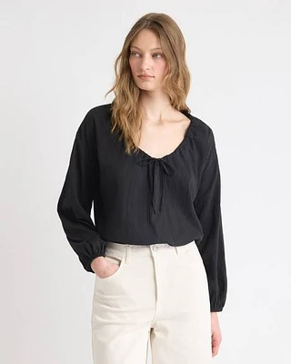 Long-Sleeve U-Neck Gauze Blouse
