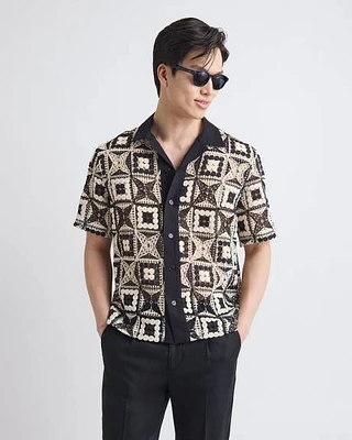 Short-Sleeve Granny-Stitch Shirt with Camp Collar