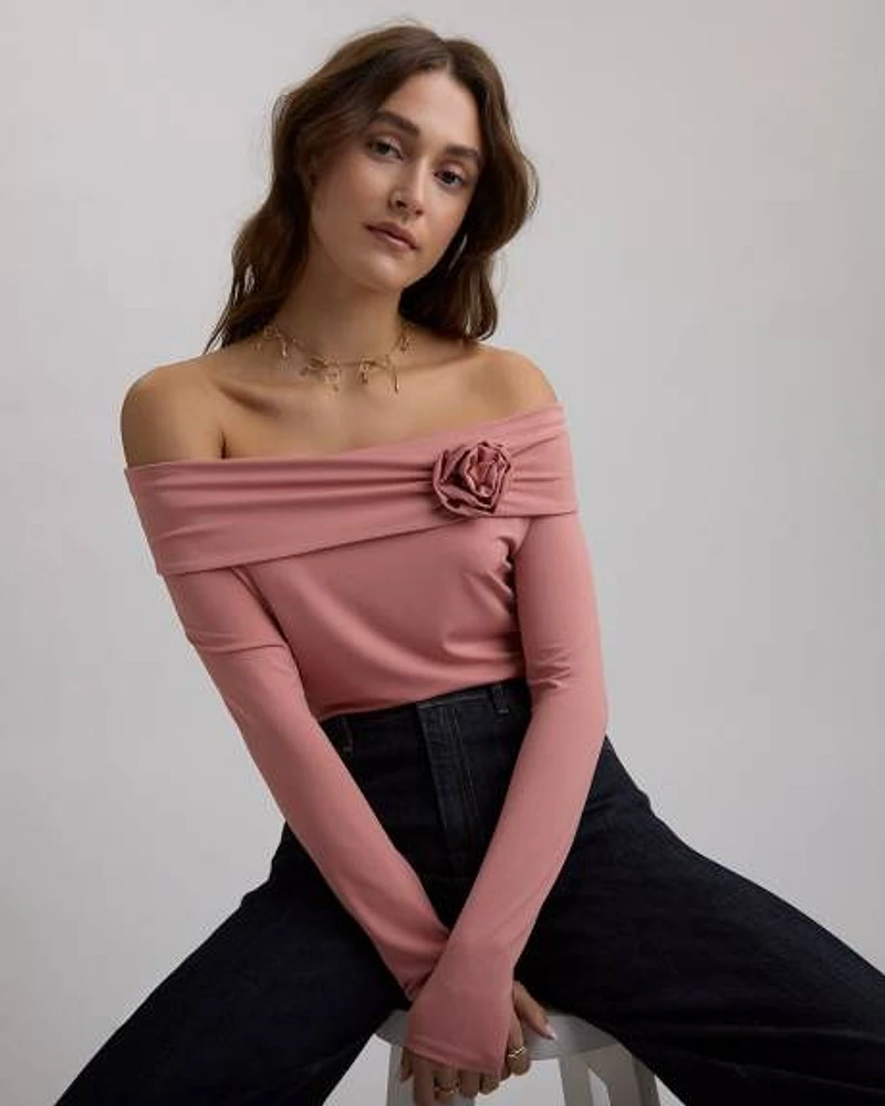 Off-the-Shoulder Long-Sleeve Top with Rose Detail