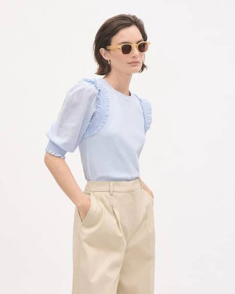 Mix-Media Crew-Neck Top with Puffy Elbow Sleeves