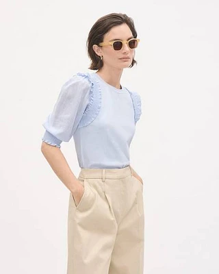 Mix-Media Crew-Neck Top with Puffy Elbow Sleeves