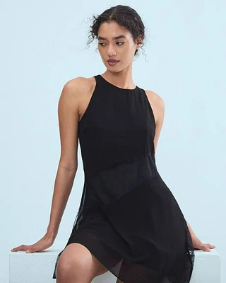 Mini Shift Chiffon Dress with Lace Panels