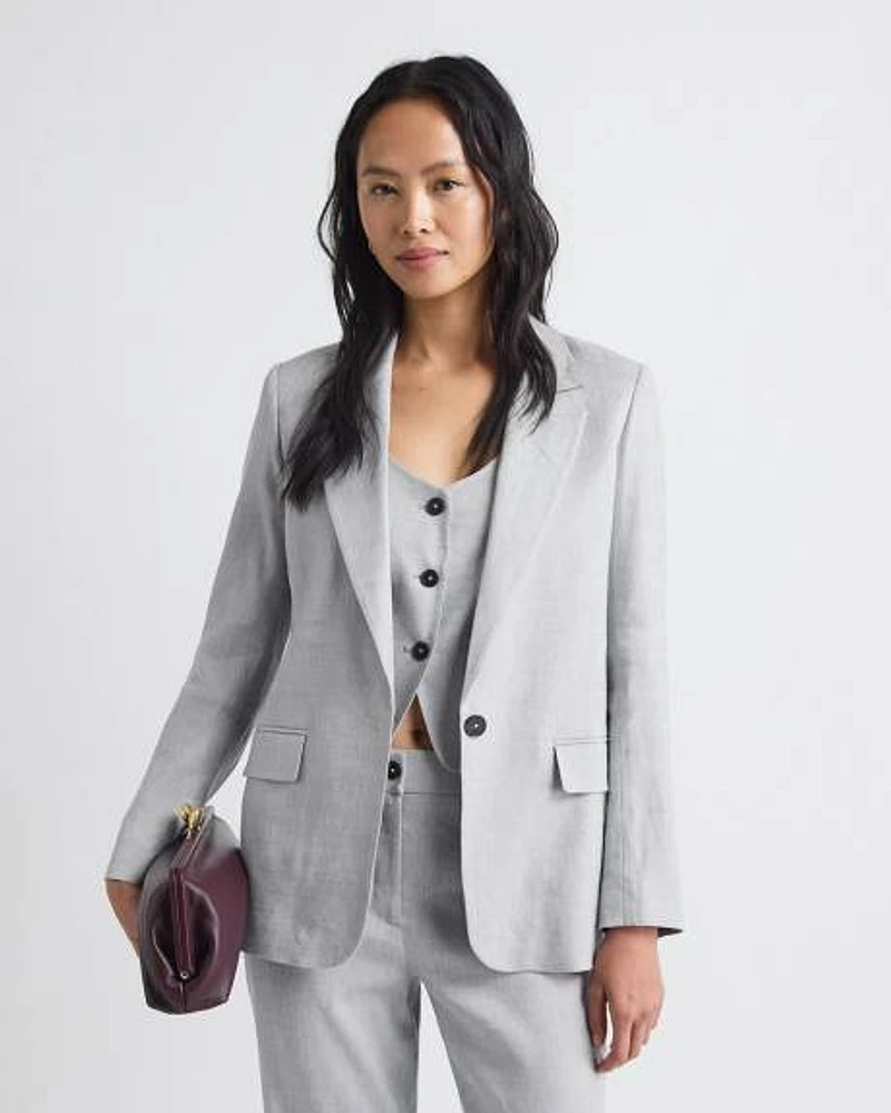 Veston Ample en Lin Gris à Boutonnage Simple