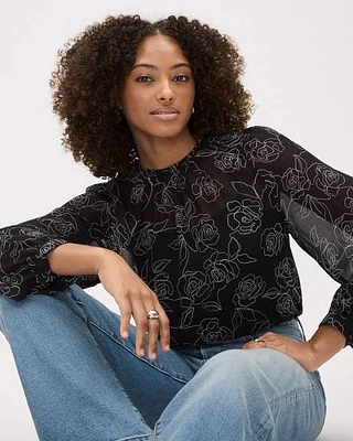 Long-Sleeve Crew-Neck Floral Blouse