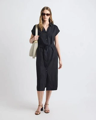 Robe Midi en Mélange de Lin à Manches Courtes et Col Chemisier