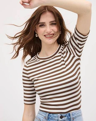 Striped Elbow-Sleeve Crew-Neck Fitted Tee