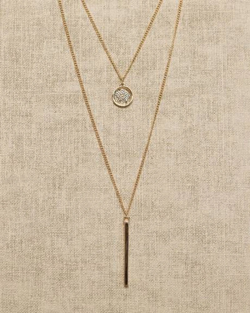 Double-Chain Necklace with Disc and Stick Pendants