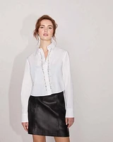 Cropped Long-Sleeve Buttoned-Down Poplin Blouse with Gems