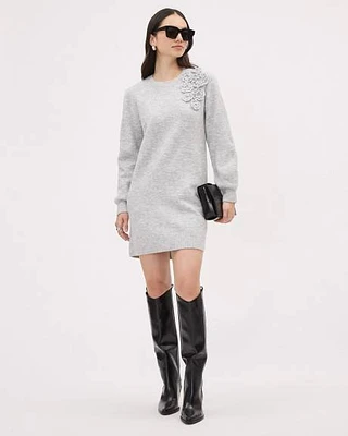 Long-Sleeve Crew-Neck Mini Dress with Flower Appliqué