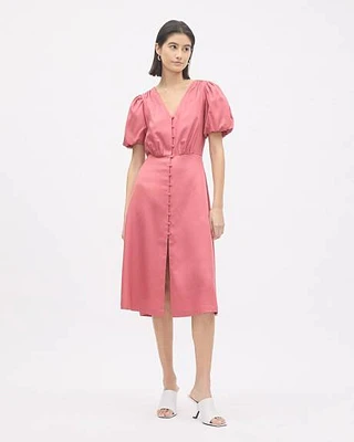 Robe Midi à Manches Courtes Bouffantes et Col V