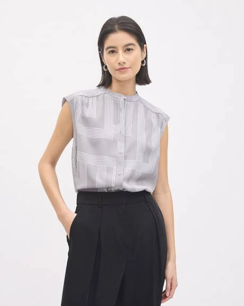 Blouse Boutonnée à Manches Très Courtes et Col Rond