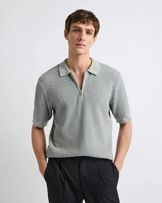 Pull Texturé à Manches Courtes et Col Chemisier Demi-Zip