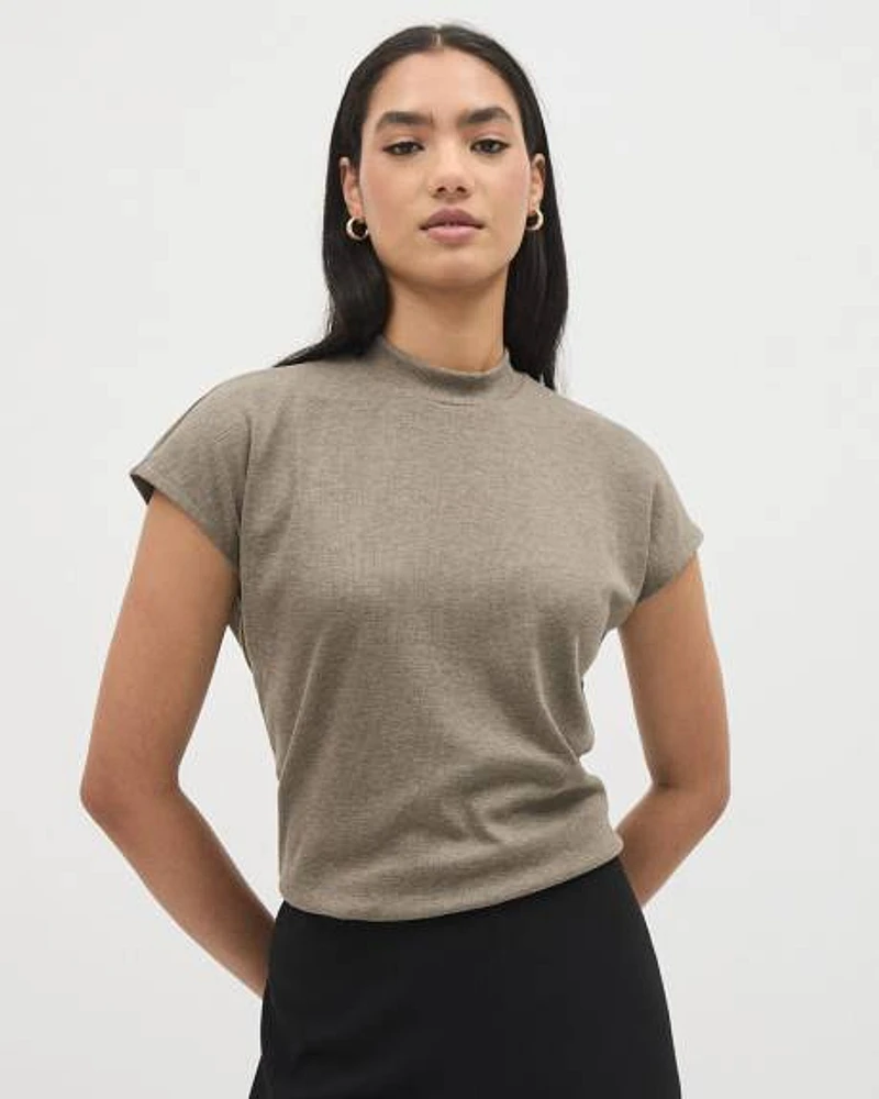 Extended-Sleeve Mock-Neck Ribbed Top