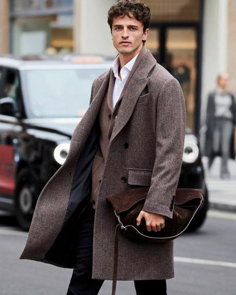 Classic Double-Breasted Herringbone Wool Coat