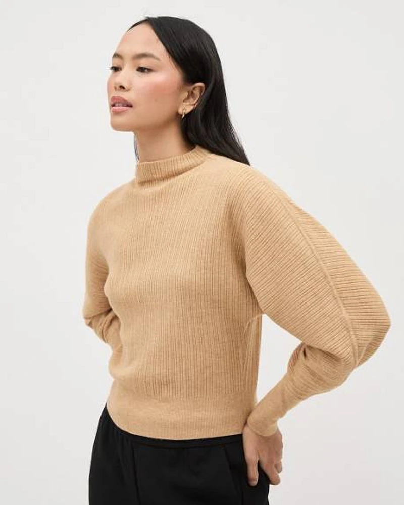 Long-Dolman-Sleeve Mock-Neck Ribbed Sweater